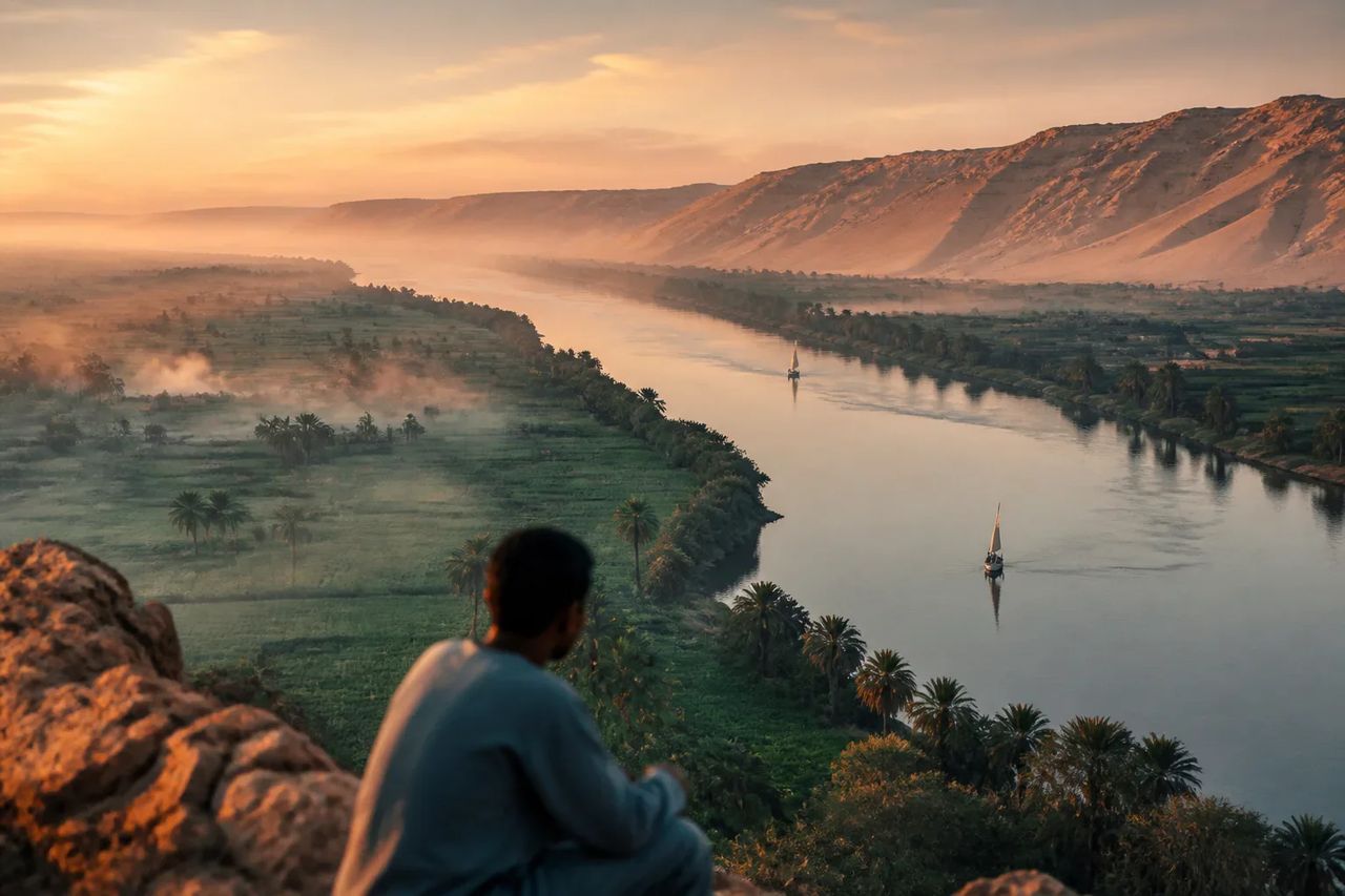 Luxor at dawn — the Nile and Theban hills