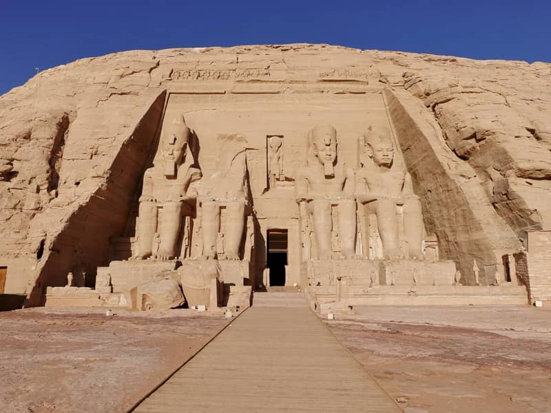 Rock-cut facade of the Great Temple at Abu Simbel with its four seated colossi