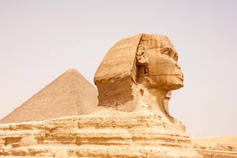 Nahaufnahme der Großen Sphinx von Gizeh, dahinter eine Pyramide
