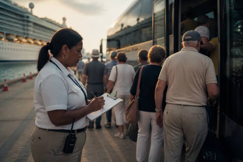 Cruise shore excursion supervisor at pier