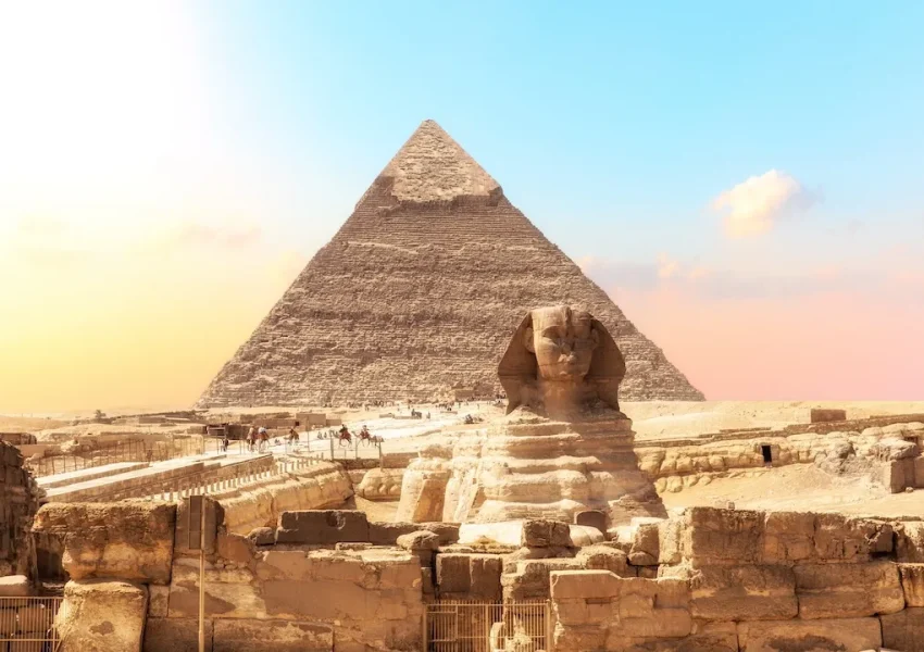 Great Sphinx and Pyramid at Giza, Egypt.