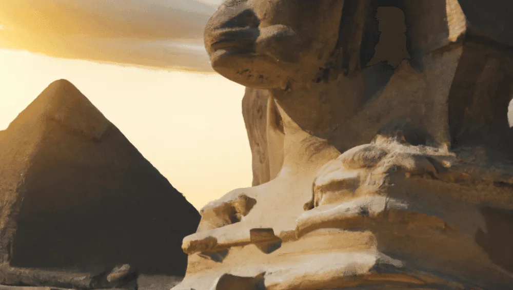 Sphinx and Pyramids in Giza at sunset.