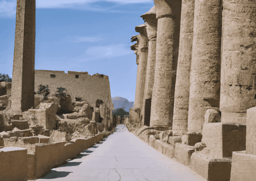 Ancient Egyptian temple ruins with obelisk and columns.