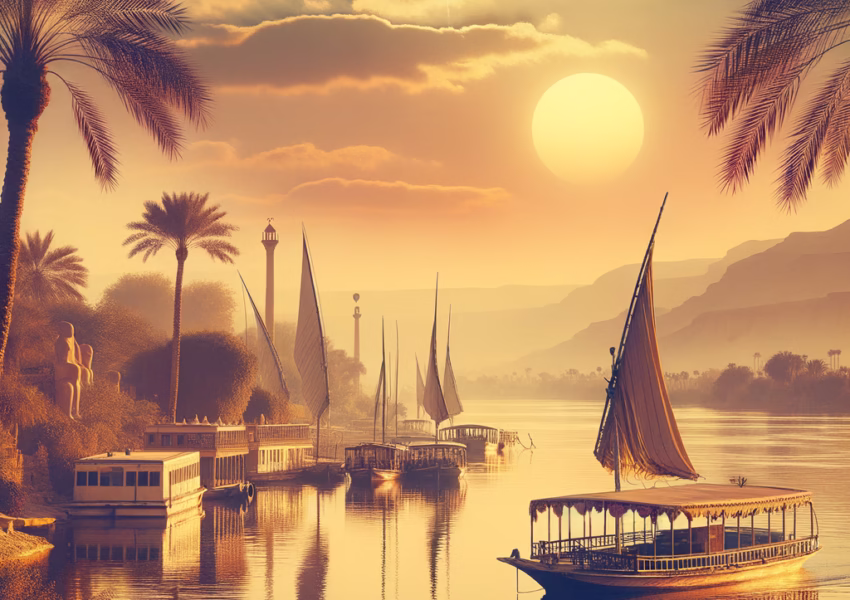 Ancient Egyptian riverboats on Nile at sunset.